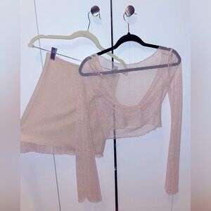 Two Piece Sparkly Mesh Light Pink Skirt Set